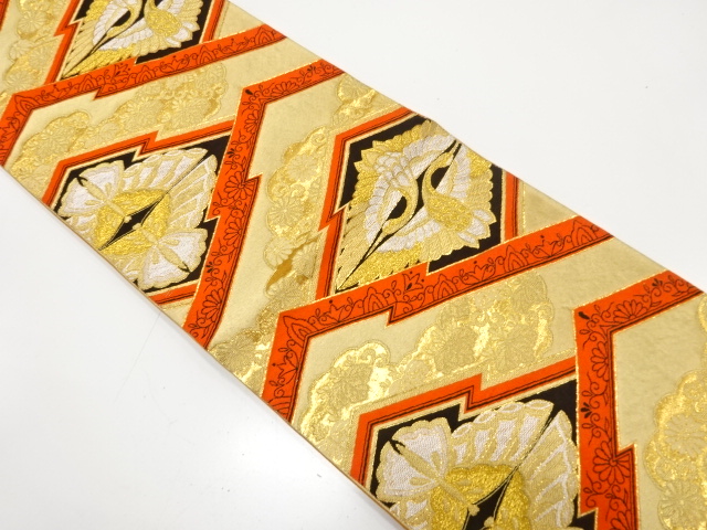 JAPANESE KIMONO / ANTIQUE FUKURO OBI / SILK / WOVEN MATSUKAWABISHI & CRANES & BUTTERFLY